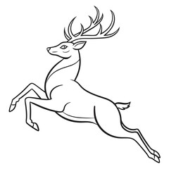 Elegant leaping deer in black and white, minimalist line art with detailed antlers