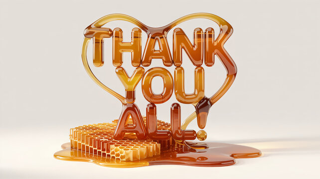 Golden honey forms a heart-shaped "Thank You All!" message, dripping onto a honeycomb base.