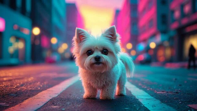 A tiny dog in the road