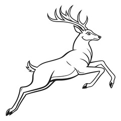 Leaping Deer Silhouette with Antlers, Black and White Outline Style, Animal