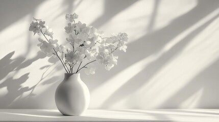 White flowers in vase, sunlit wall, minimalist home decor