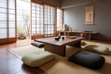 Room with Wooden Table, Floor Cushions and Asian Decor