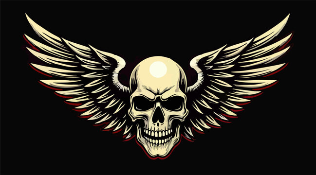 Biker vector t-shirt design with human skull and wings on black background. Fashionable print for fabric, paper, men clothing,
hoodie, biker jacket. T shirt, tattoo template.