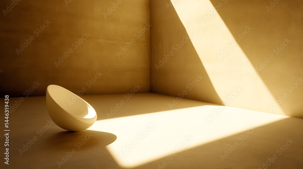 Poster empty room with a single, smooth object illuminated by sunlight.