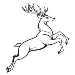 Leaping Stag Silhouette Majestic Antlers, Dynamic Pose, Black Outline, White Background