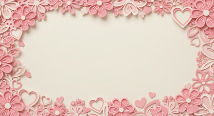 Pink paper flowers and hearts background for valentines day or wedding invitation card design layout