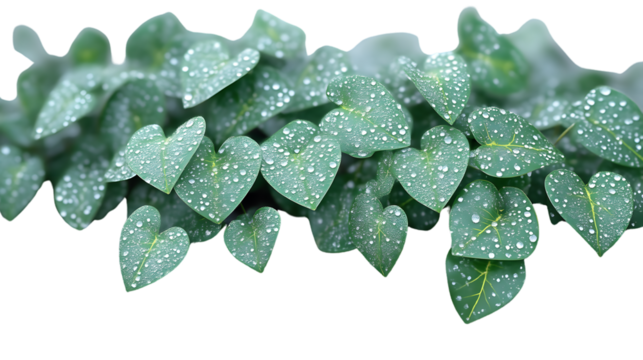 Heartshaped leaves with water droplets nature background fresh green foliage dew drops on l