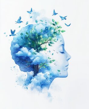A human head is depicted with birds and green tree branches in this mental health concept illustration