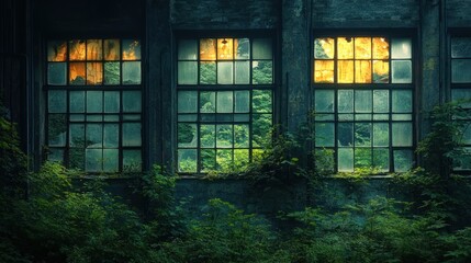 Abandoned factory windows at night