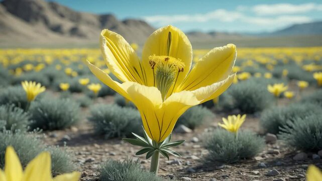 In the steppe, a large yellow flower is in bloom.