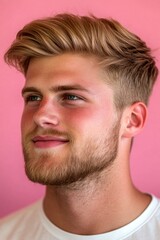 Fototapeta premium Conceptual art of style for aging men. A handsome man with a captivating smile. Pink solid background. Elegant men's buzz cut haircut - midlife white man with blond hair.
