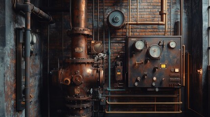 Industrial steam room, aged copper pipes, and control panel