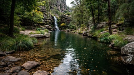 Serene waterfall cascading into a tranquil pool