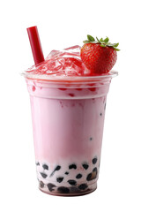 Refreshing strawberry bubble tea drink with ice cubes and boba pearls red on transparent background