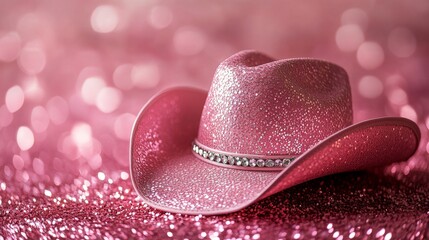 The illustration features a pink glitter cowgirl hat with rhinestone trim on a sparkling pink background, capturing a shallow depth of field and pronounced bokeh, referred to as Rainstone