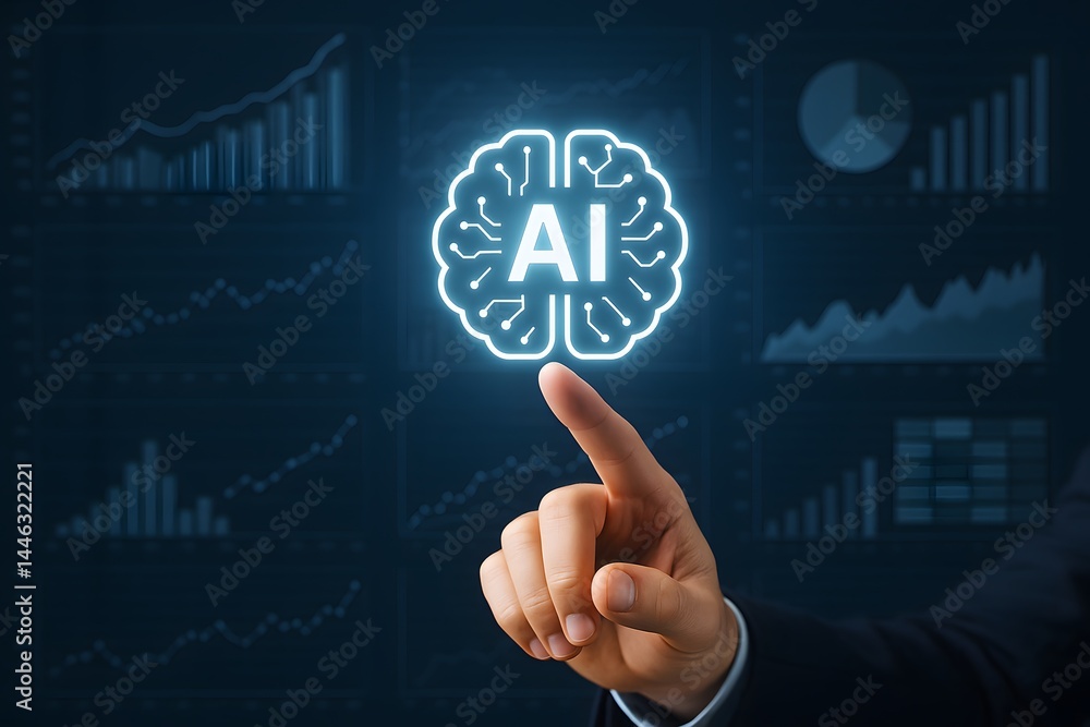 Poster a caucasian man’s hand in a dark suit points toward a glowing ai brain icon overlaid on financial ch