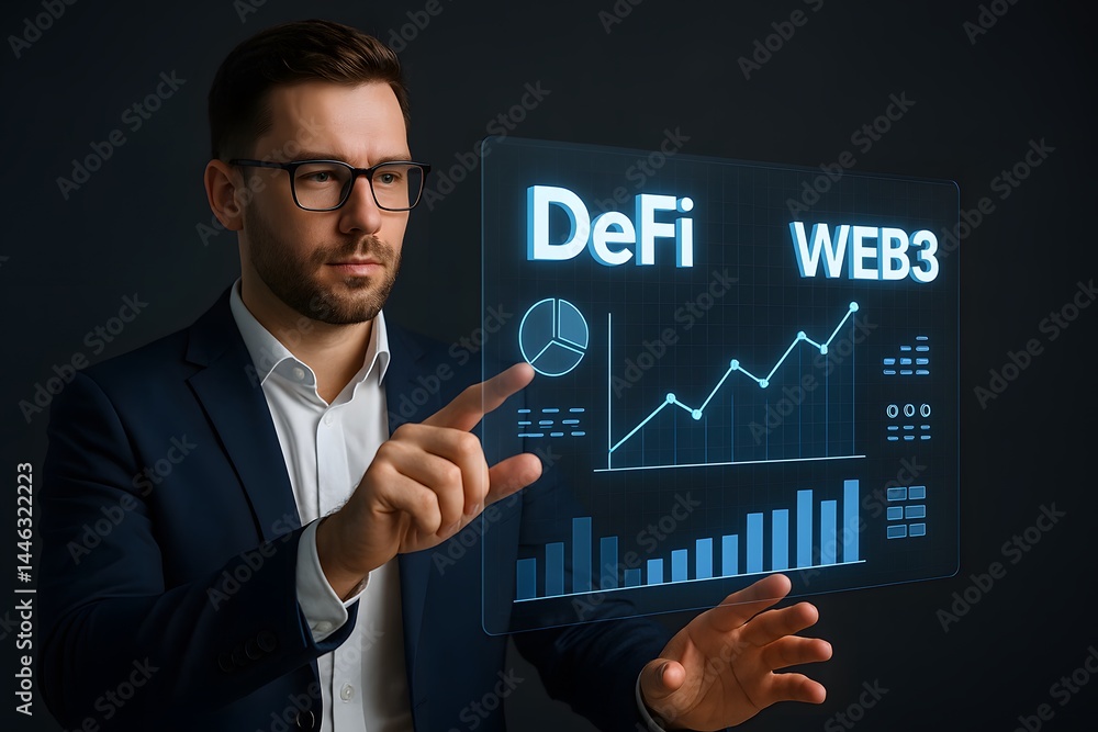 Poster a caucasian man points at a glowing defi and web3 holographic interface overlaid with financial char