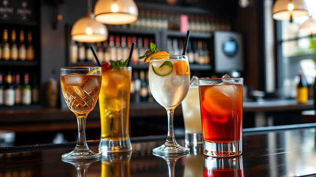 Different alcohol drinks on table in bar. with copy space image. Place for adding text or design