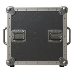 Heavy-duty black transport equipment case with reinforced steel edges, corners, and durable handles for safe transport.