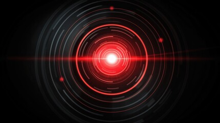 Red glowing circular digital interface with central alert light in a dark abstract background used for illustrating flash flood warning systems, critical emergency UI, and futuristic danger icons