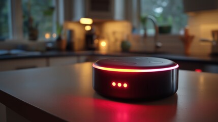 Smart home assistant with glowing red warning ring placed on a kitchen counter with blurry lights in background used to illustrate flash flood warning and emergency alert technology