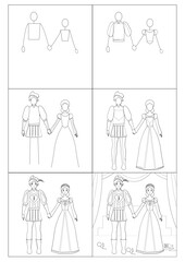 Tutorial for beginners, coloring book. How to draw Romeo and Juliet. Actors on stage, Medieval costumes. Shakespeare's tragedy, a poetic love drama. Step-by-step instructions.
