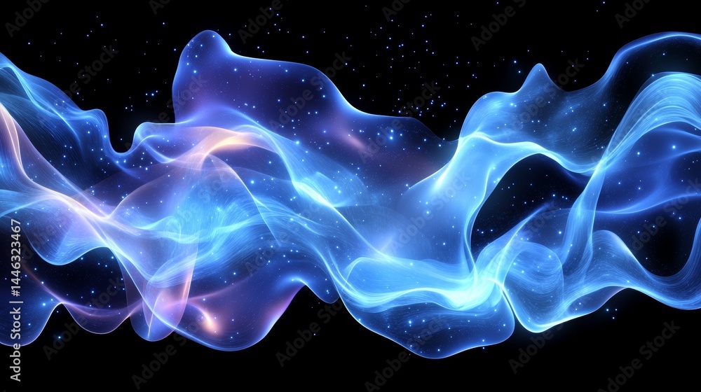 Poster the background features a mesmerizing abstract design of blue sparkling particles, complemented by a