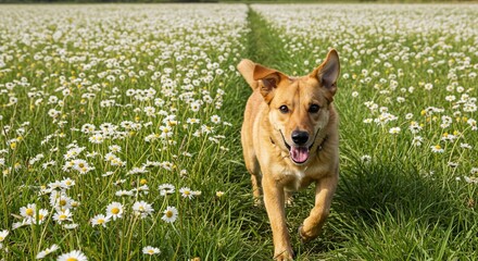 Happy dog running through a field of daisies with a path visible in the background on a sunny day