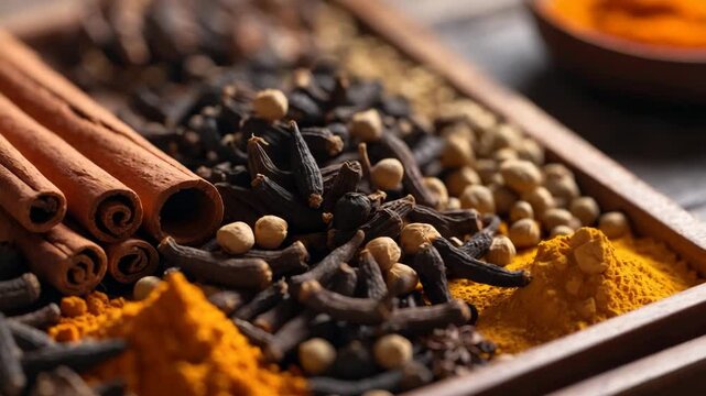 Close-up of a tray displaying spices.