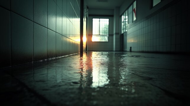 Flash flood warning in a dark flooded hallway with sunlight reflection on wet tile floor perfect for emergency alerts, weather reports and urban infrastructure safety visuals