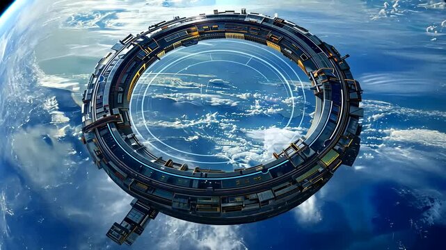Futuristic ring-shaped structure above clouds