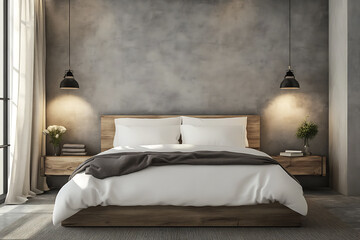 A minimalist bedroom with a wooden bed frame and clean white linens under hanging pendant lights.