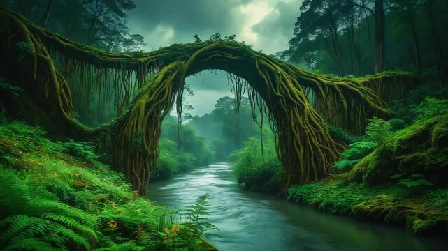 A vibrant roots bridge over a river nestled in a lush forest, enveloped by greenery.