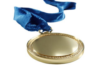 Gold medal with blue ribbon award winning achievement success 3d prize on transparent background