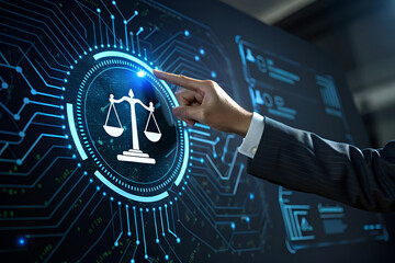 
Digital Justice Scale. A Hand Interacting with Futuristic Legal Technology