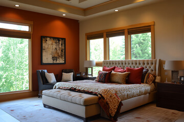 Fototapeta premium Elegant bedroom bathed in natural light with sophisticated color palette and luxurious furnishings.