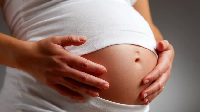 Close-up of pregnant woman gently holding baby bump wearing white shirt, with skin details and ring