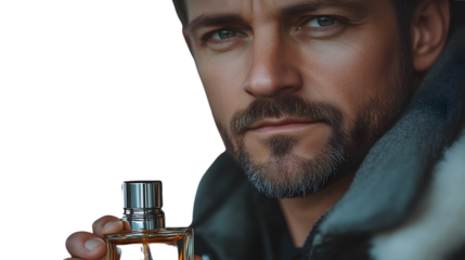 Man holding perfume bottle close up portrait masculine fragrance grooming style beauty lu
