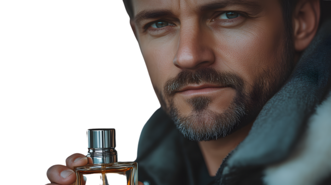 Man holding perfume bottle close up portrait masculine fragrance grooming style beauty lu