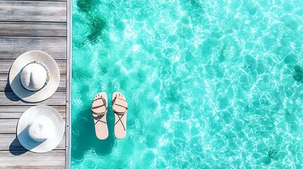 Floating feet on turquoise water near a wooden dock.