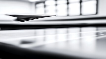 Monochromatic paper airplane suspended over a reflective surface.