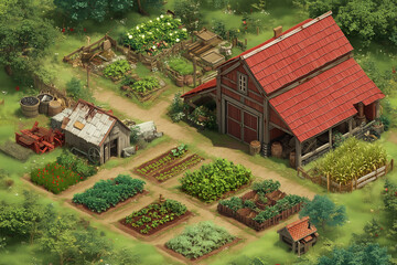 Aerial cartoon farm in vibrant tones