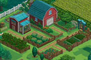 Bright farm scene in isometric style