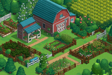 Colorful isometric farm top-down view
