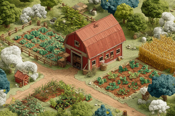 Colorful isometric farm top-down view