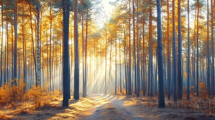 Fototapeta premium Golden sunlight streams through autumn forest trees.