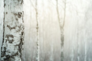 Obraz premium Close-up of a birch tree trunk in a misty, ethereal forest scene.