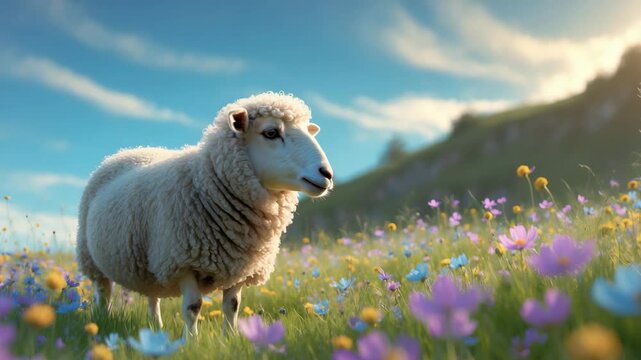 An isolated sheep munching in a lovely meadow