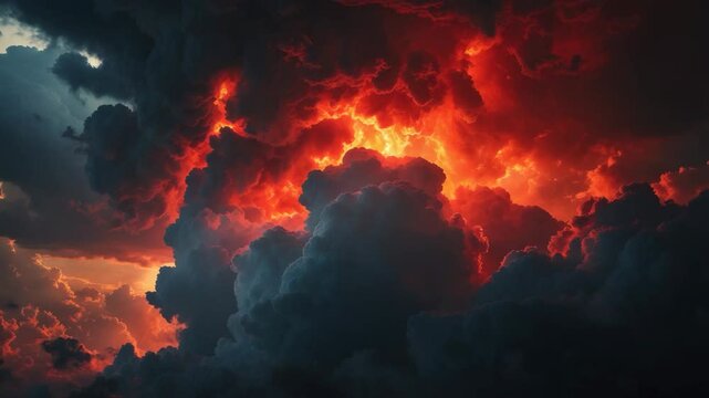Intense black and blazing red sky packed with clouds. Flames, chaos, blasts, catastrophe, inferno. Horror motif. Vast backdrop providing design area. Wide-angle.