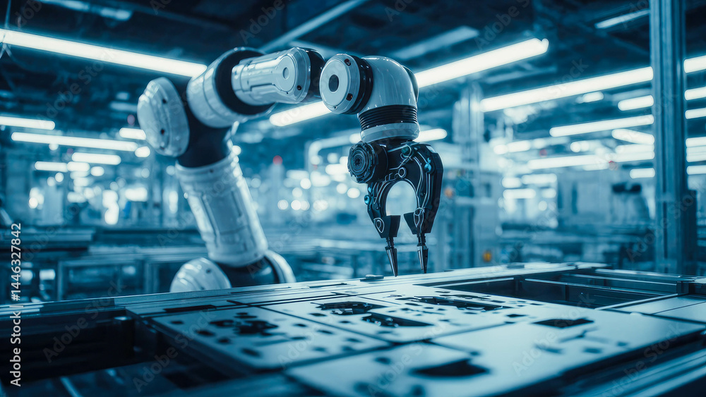 Poster advanced robotic arms assembling components in a futuristic high-tech factory, showcasing automation